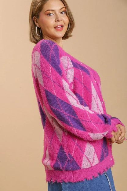 Umgee Full Size Argyle Pattern V-Neck Button Front Cardigan Plus Size - Fashorio