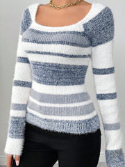 Striped Fuzzy Long Sleeve Sweater Dusty Blue - Fashorio