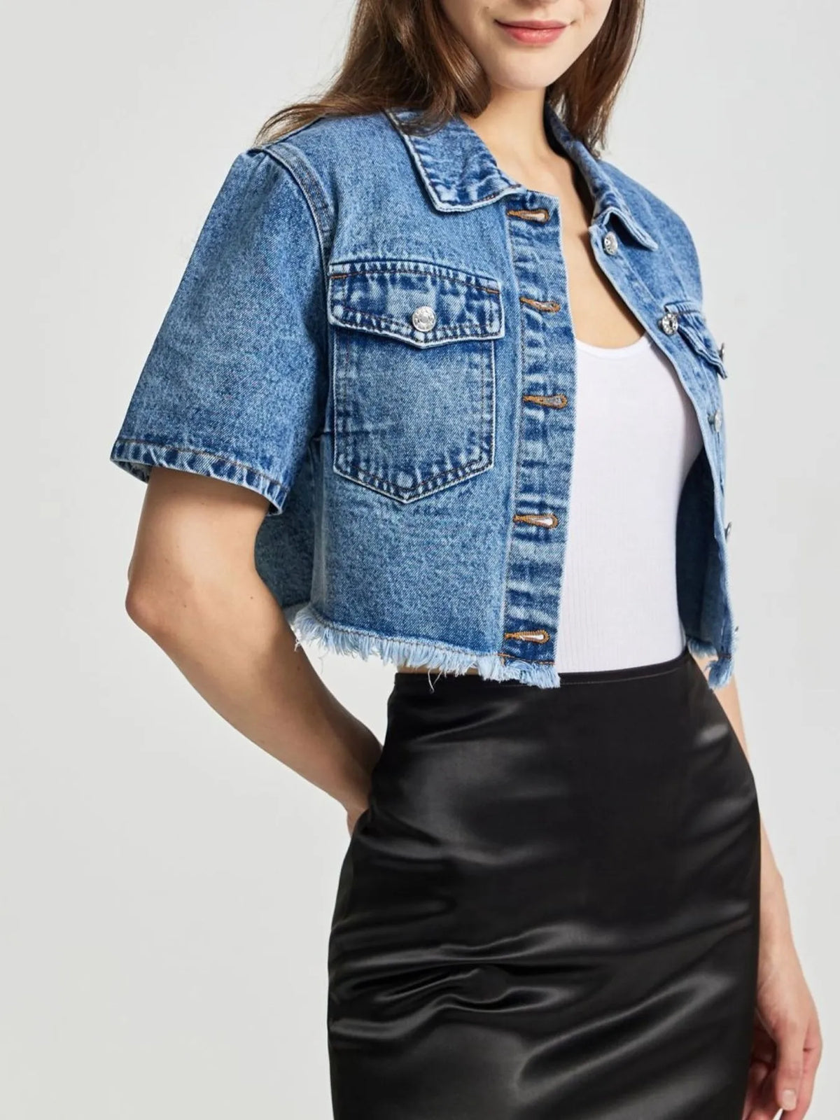 Cropped Short Sleeve Denim Jacket in Blue close up