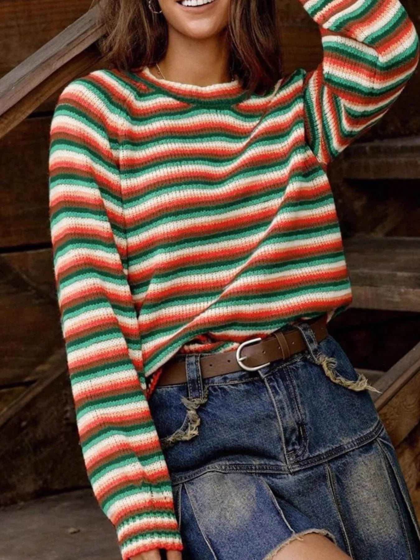 Rainbow Striped Pullover Sweater Dark Green - Fashorio