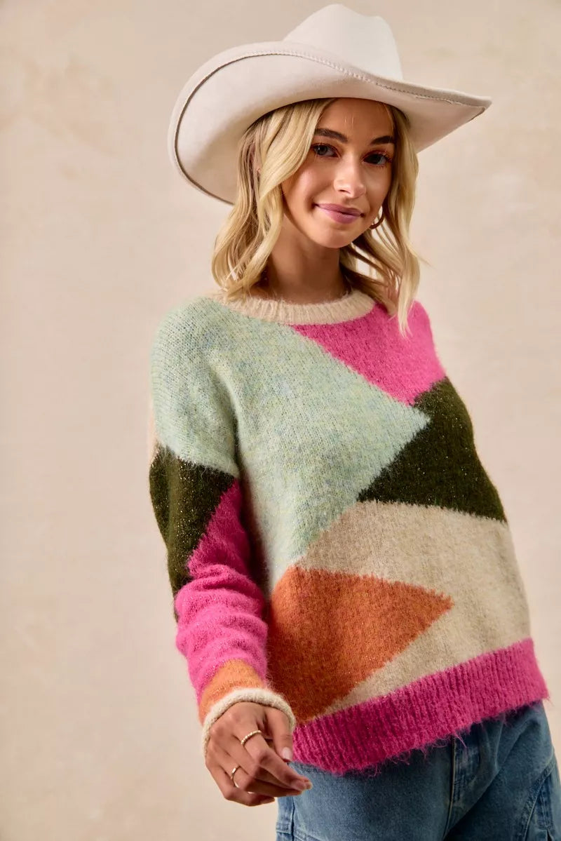 Multi Color Block Sweater Top in Pink close up