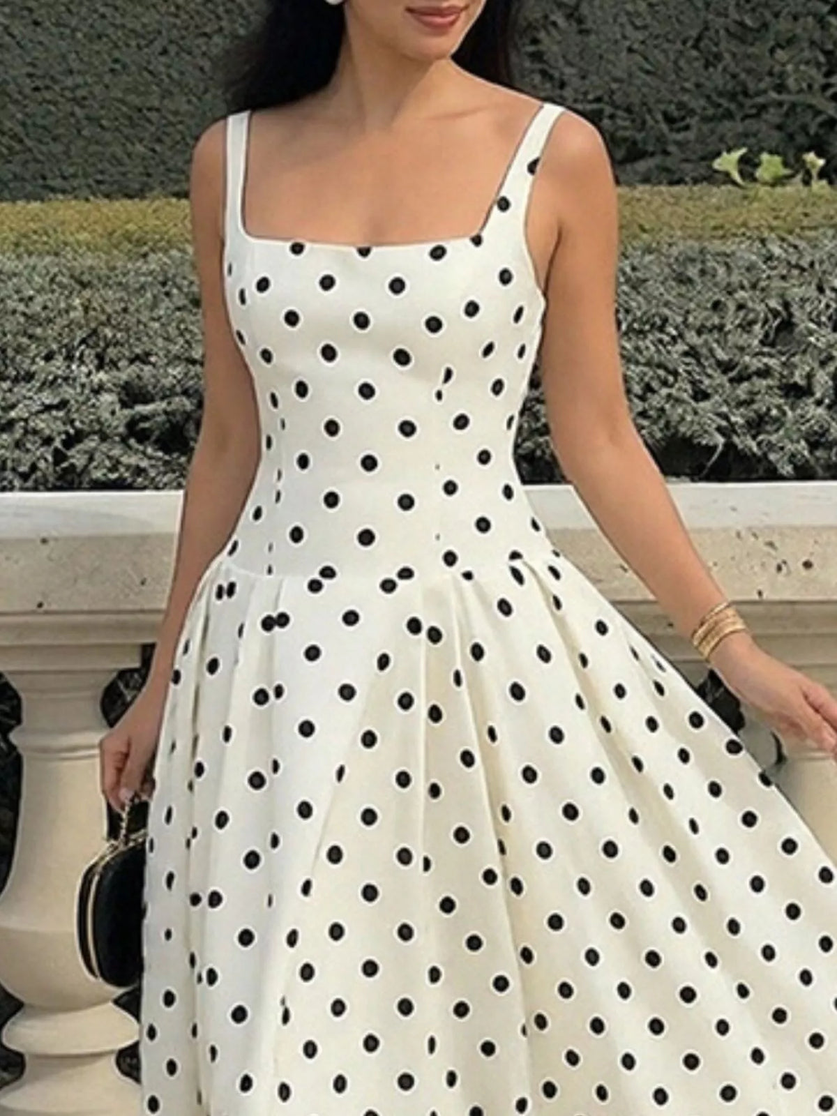 cream polka dot square neck maxi dress side view