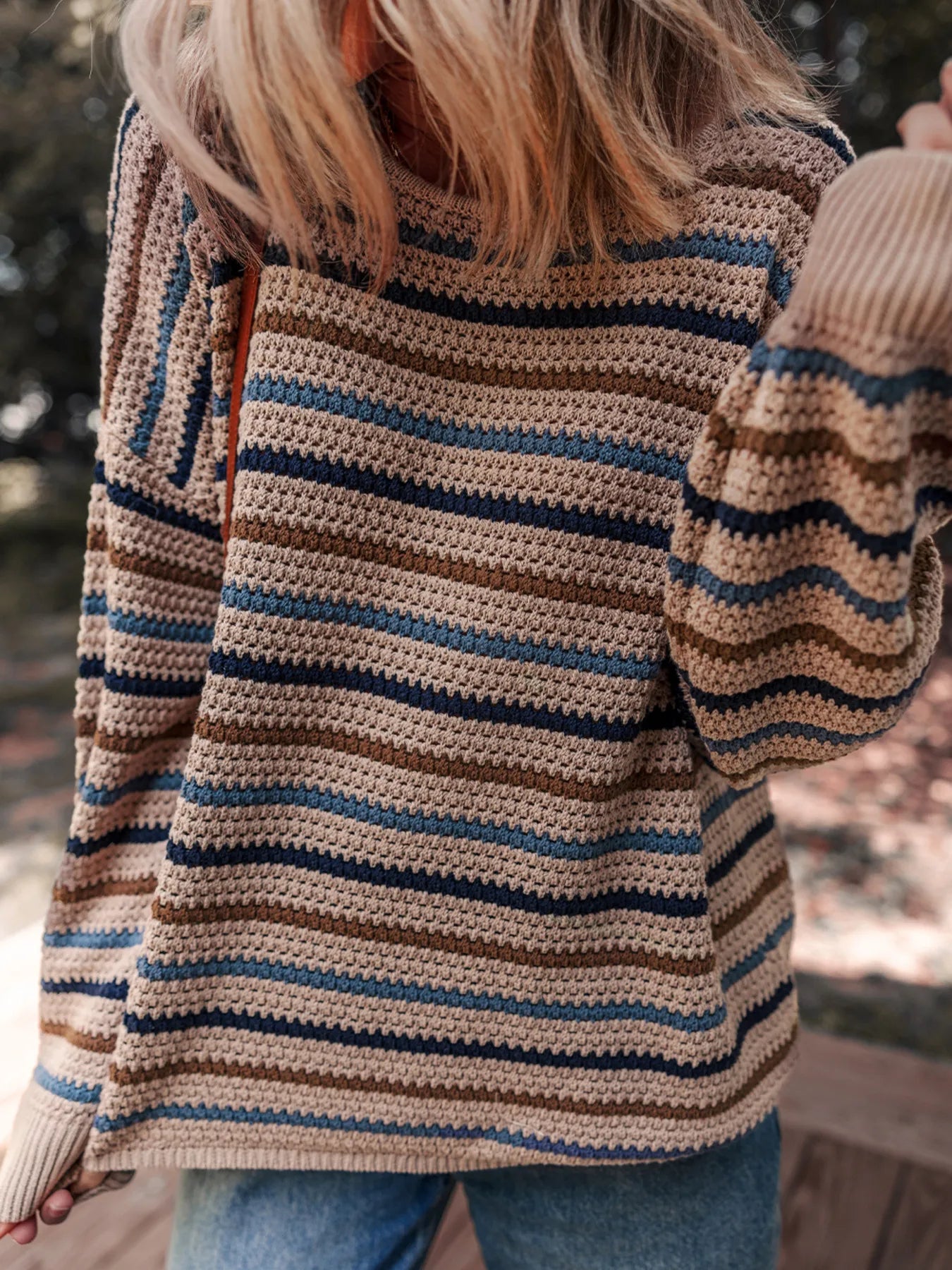 Multicolour Striped Knitted Drop Shoulder Round Neck Sweater - Fashorio