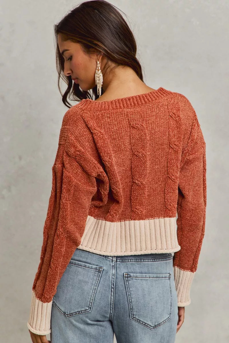 Chenille Cable Knit Cropped V Neck Sweater in Rust view 10