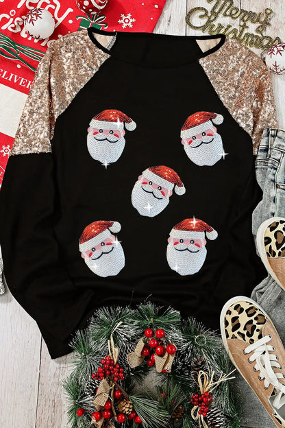 Santa Sequin Long Sleeve Round Neck Top - Fashorio