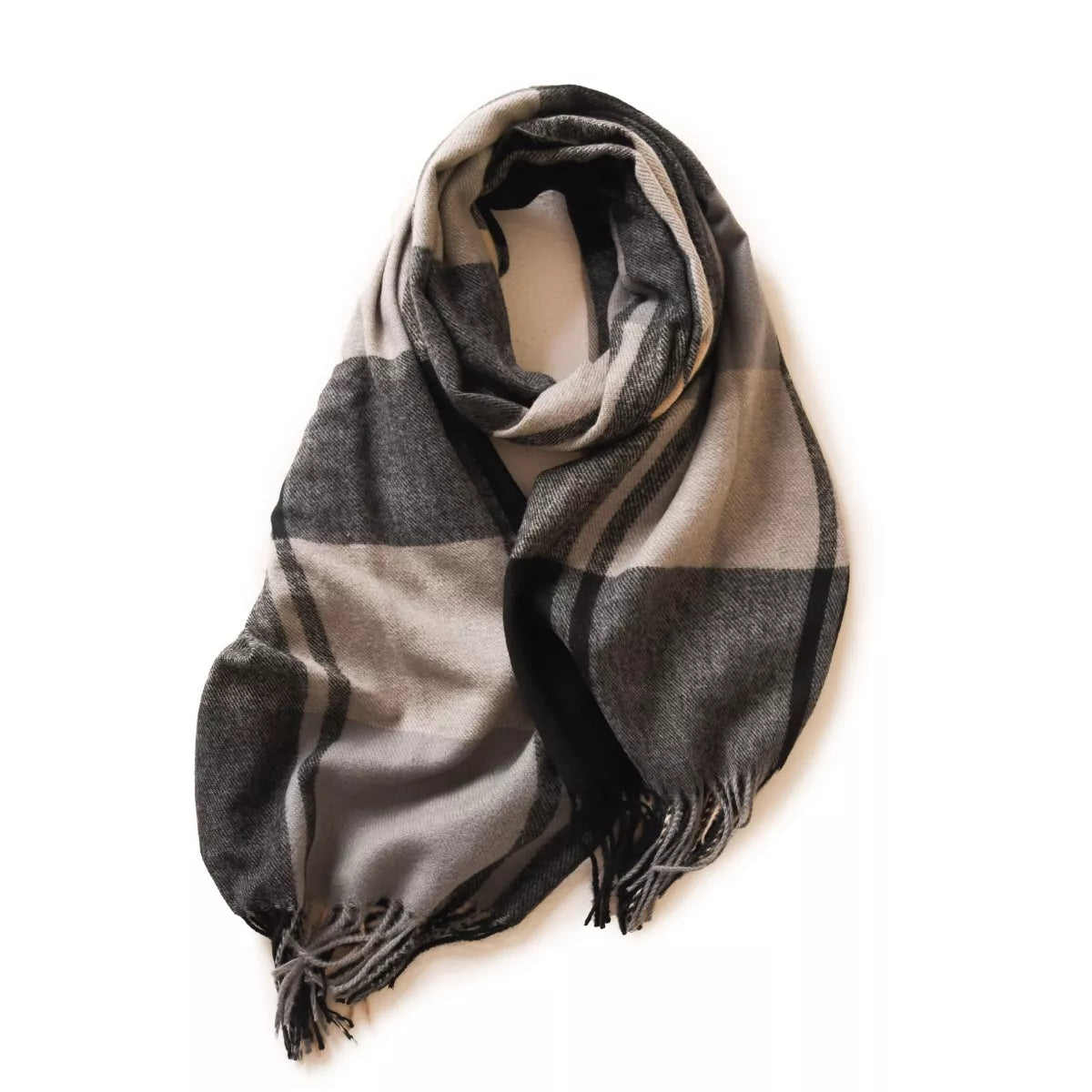 Plaid fringe scarf styled with a winter coat