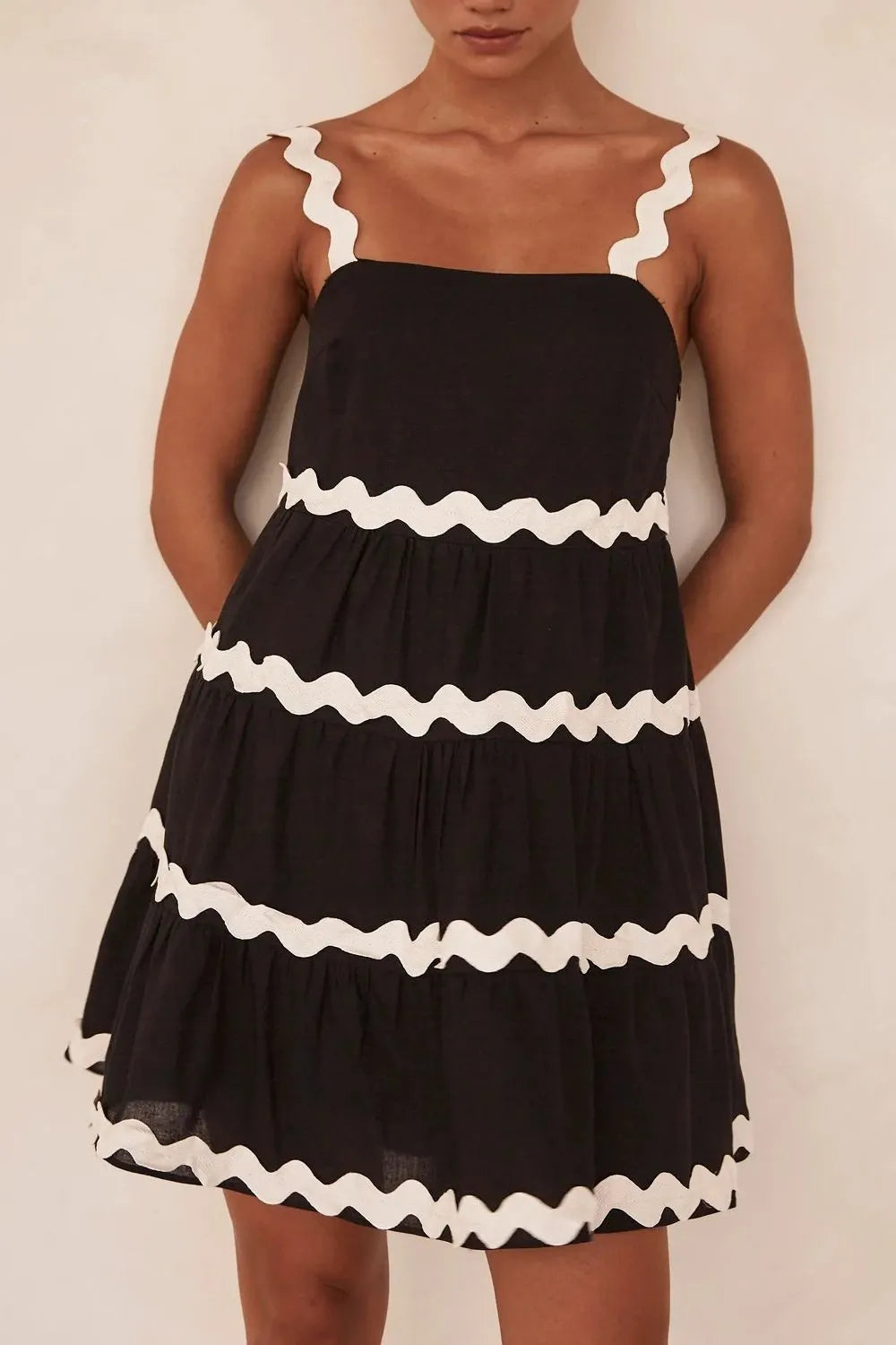 Black square neck tiered dress front view