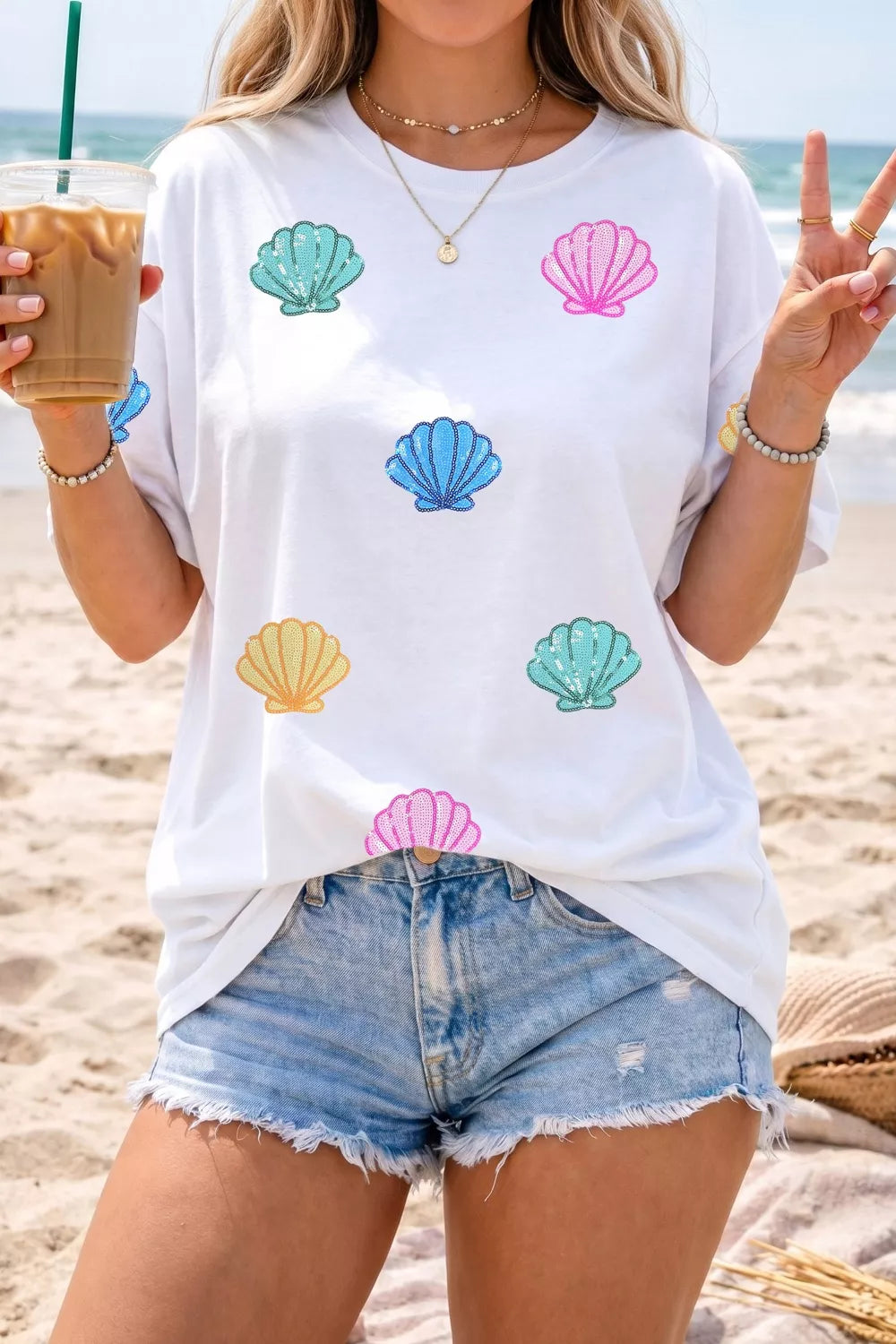 White sequin shell graphic short sleeve tee styled outfit view