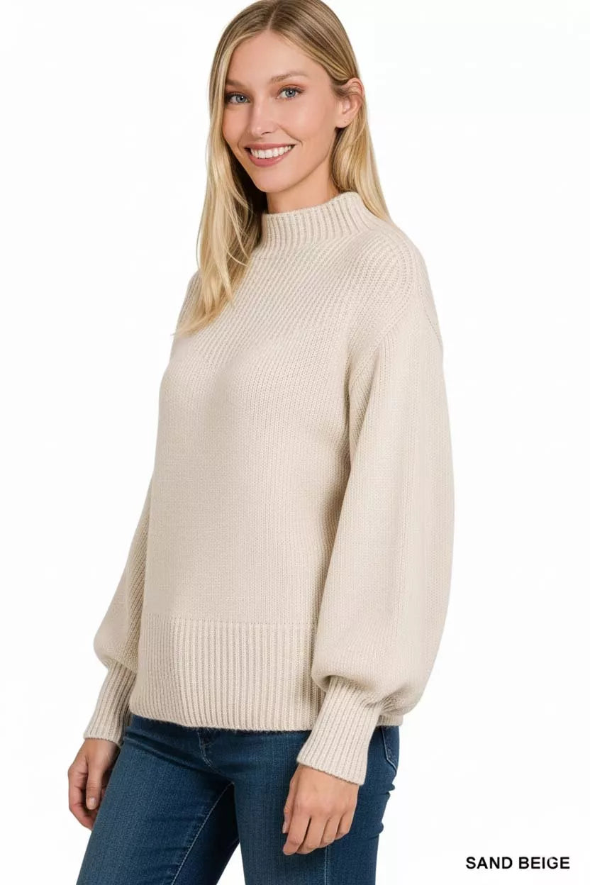 Balloon Sleeve Mock Neck Sweater in Sand Beige side view