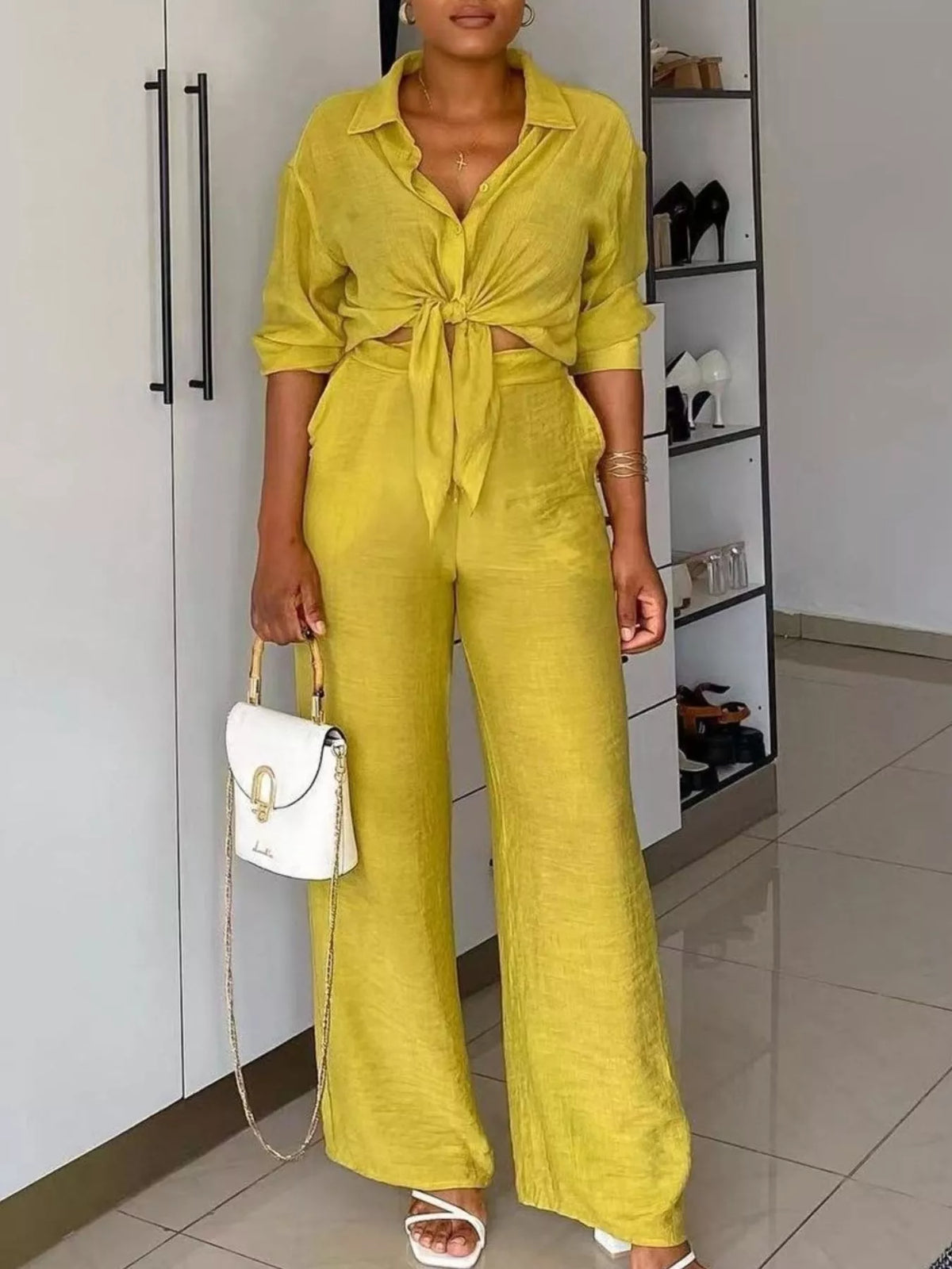Tie front top and wide leg pants set front view
