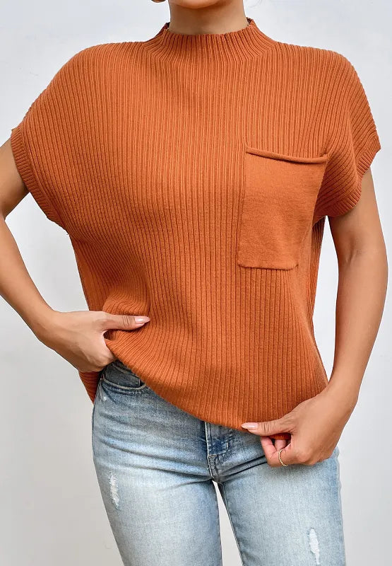 Mock Neck Sweater Vest with Chest Pocket in Caramel back view