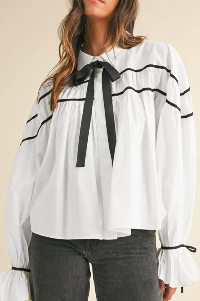 Ribbon bow collared flounce sleeve shirt front view