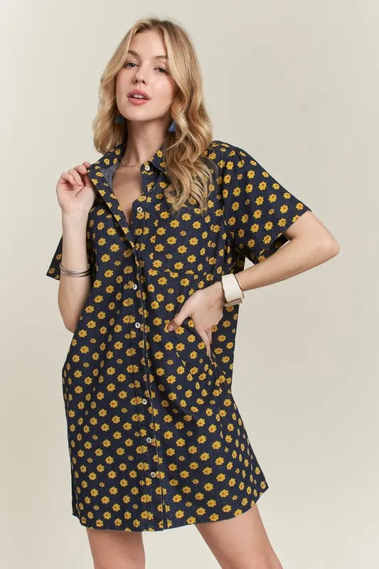Floral Button Up Mini Denim Dress