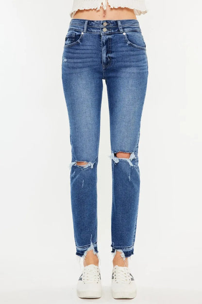 Kancan High Rise Distressed Slim Straight Jeans MEDIUM - Fashorio