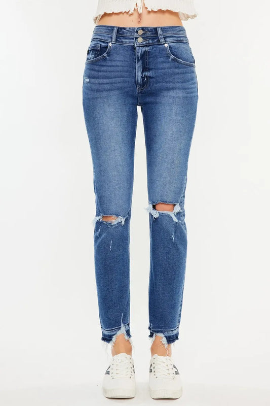 Kancan High Rise Distressed Slim Straight Jeans MEDIUM - Fashorio