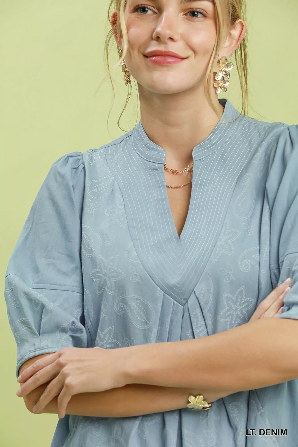 Umgee contrast stitch denim dress pocket detail