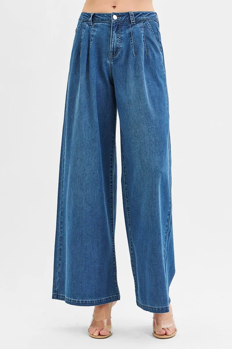 RISEN Mid Rise Fit Wide Leg Knit Denim Look Jeans - Fashorio