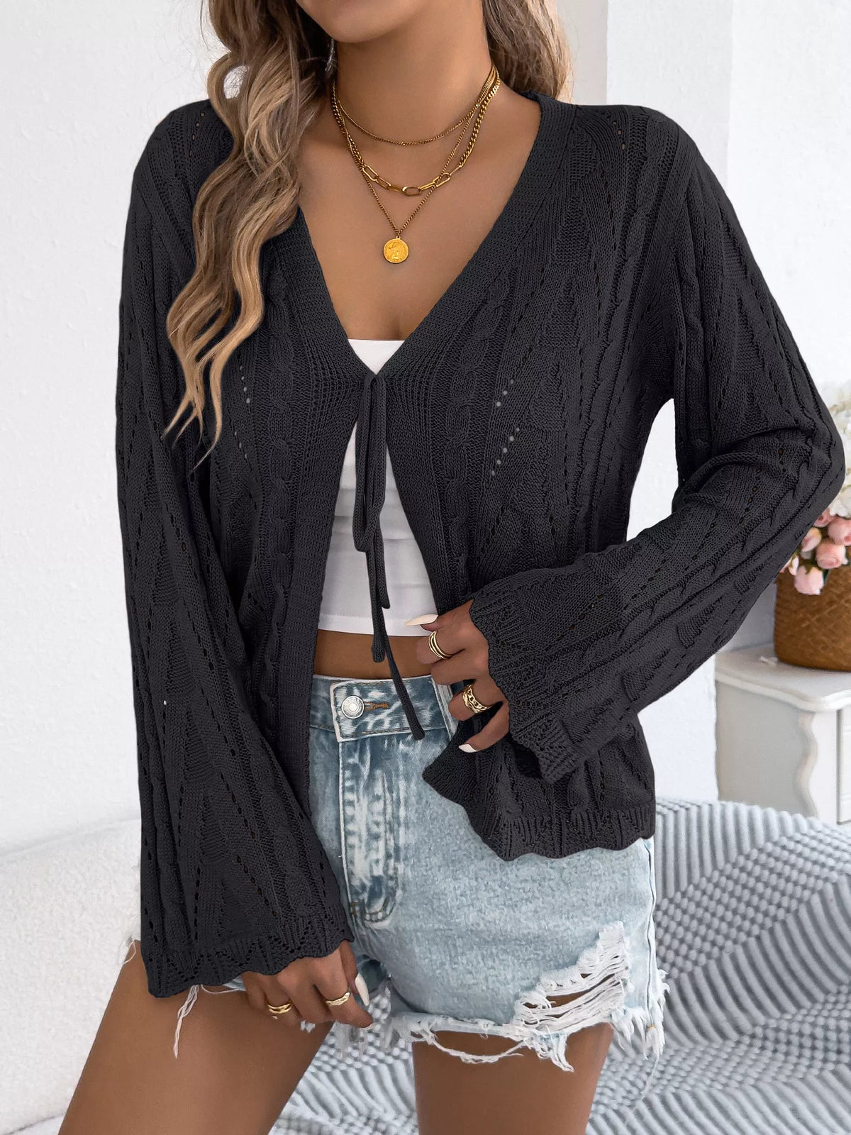 Openwork Tie Front Knit Cardigan, view 9