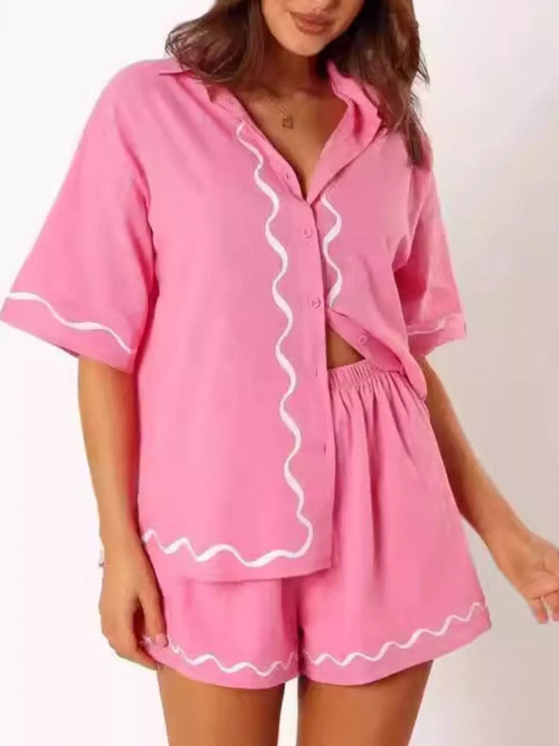 Pink contrast trim shirt and shorts two piece set front view