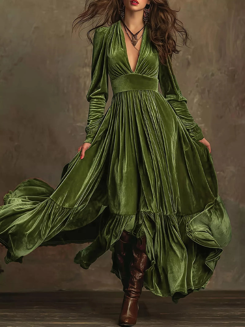 Ruffled hem long sleeve maxi dress front view