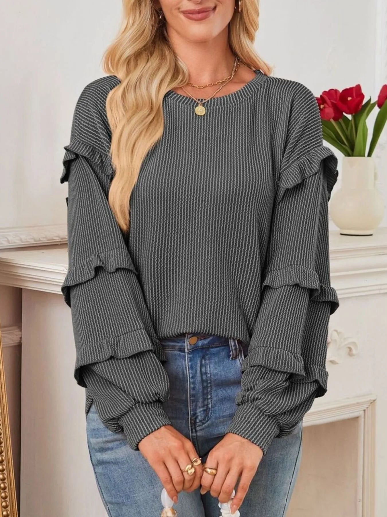 Ruffled Round Neck Long Sleeve Sweatshirt - Fashorio