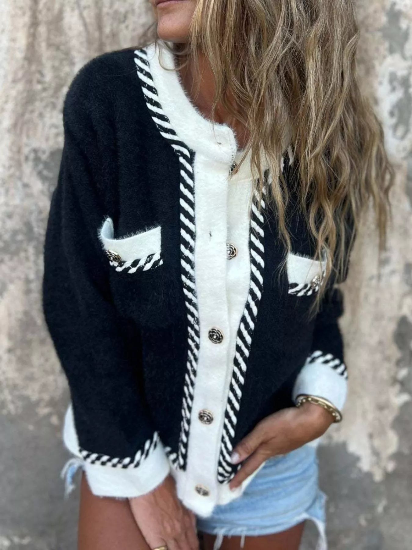 Contrast Trim Button Up Cardigan - Fashorio