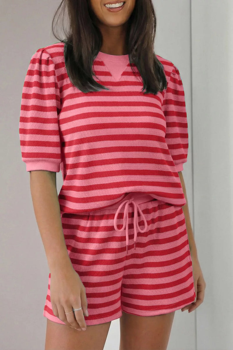 Striped round neck top and shorts two piece set front view