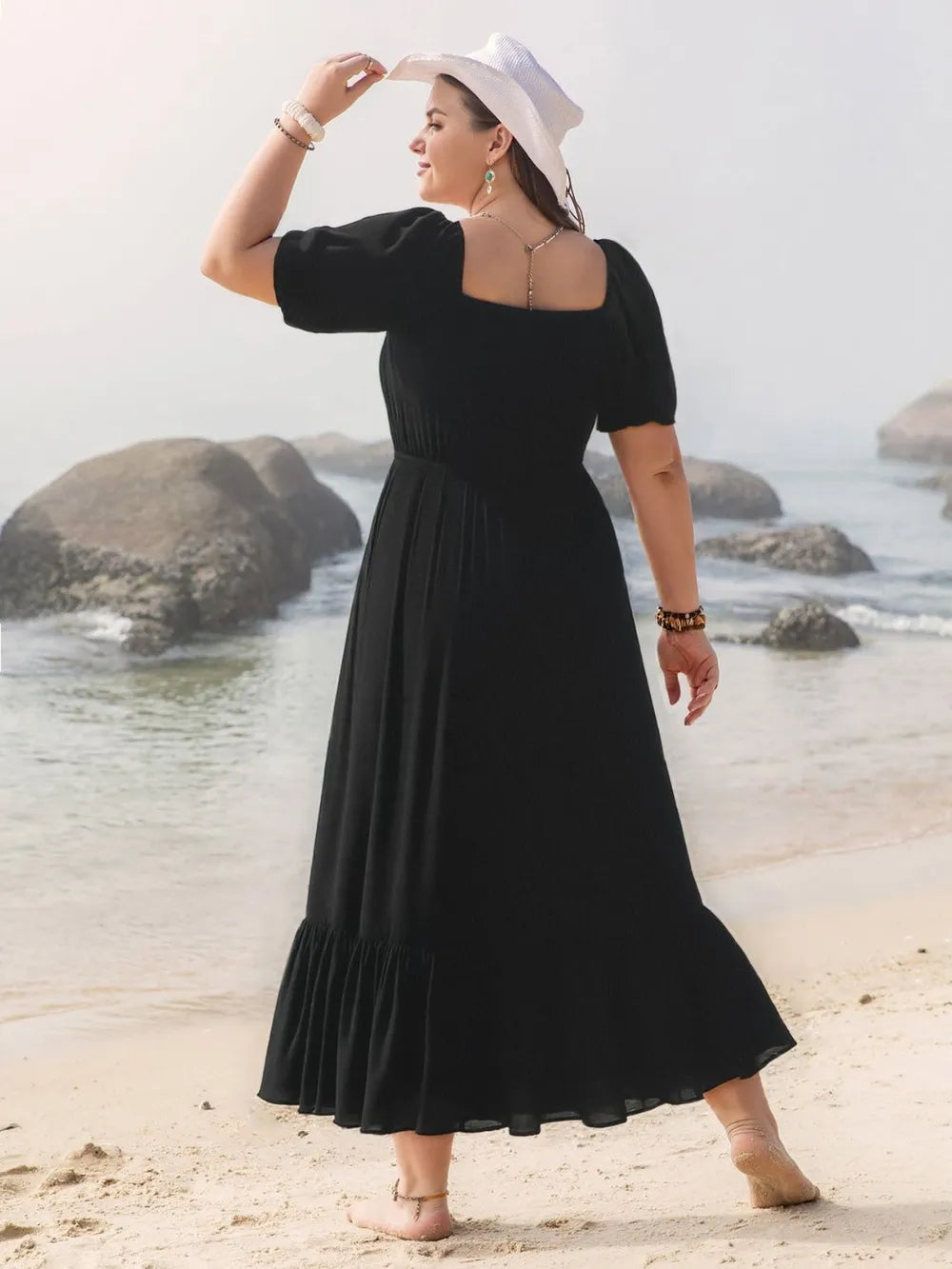 Black plus size square neck short sleeve ruffle hem maxi dress back view
