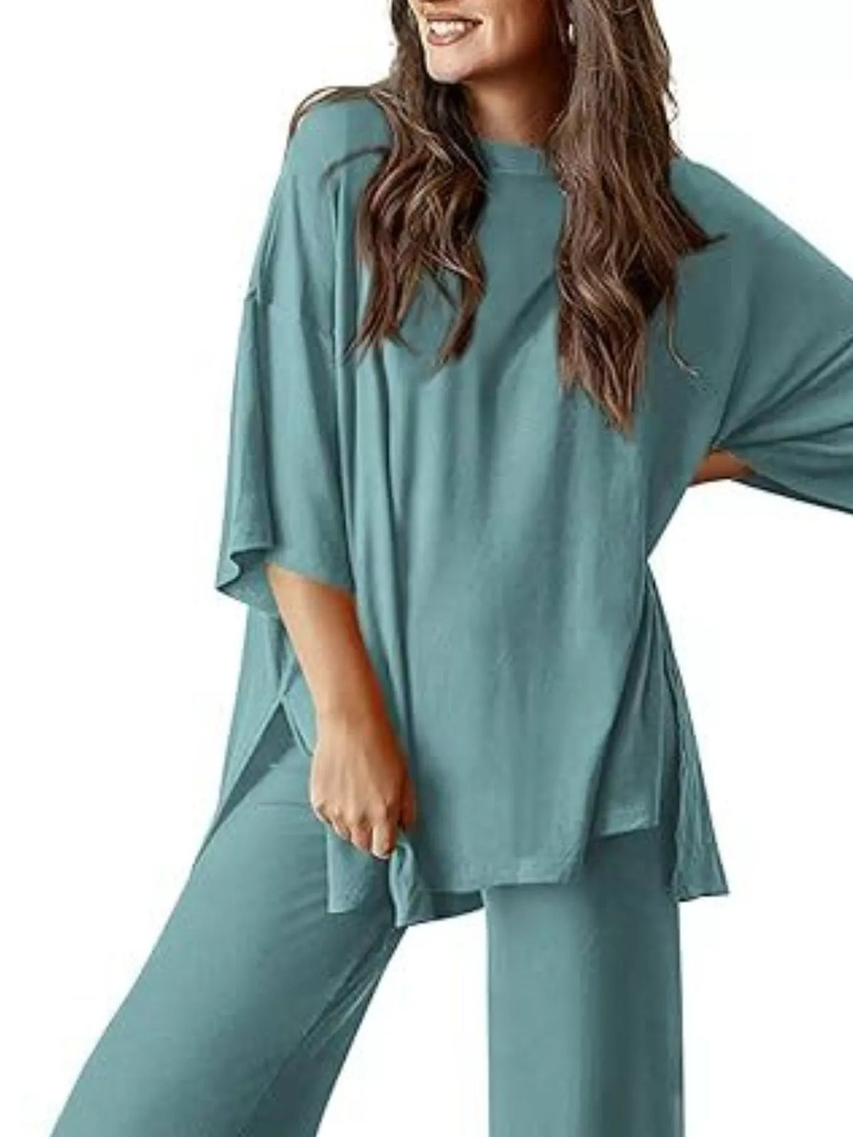 Relaxed Fit Round Neck Top and Pants Set, view 26