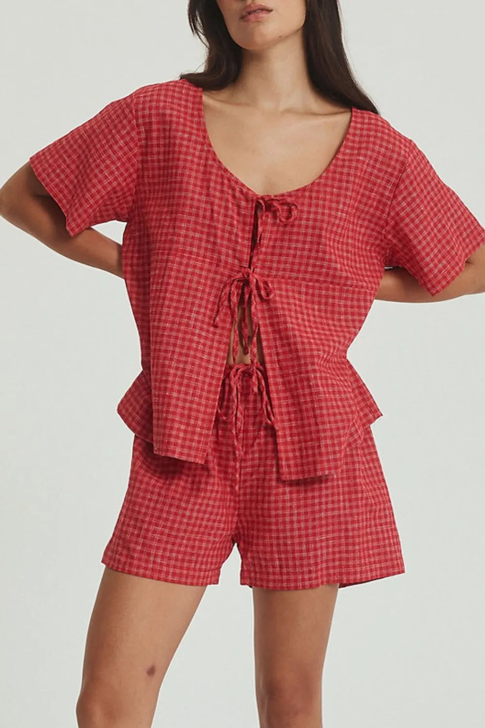 Plaid Tied Scoop Neck Short Sleeve Top and Drawstring Shorts Set detail