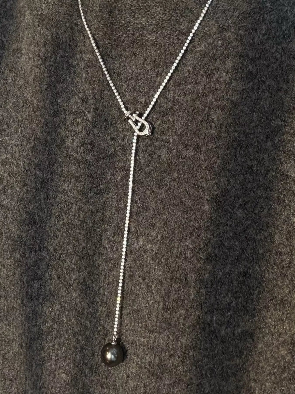 Pearl drop Y necklace with zircon accents, side view