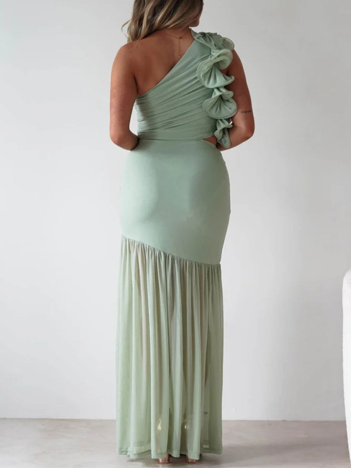 one shoulder ruffle trim maxi dress hemline detail