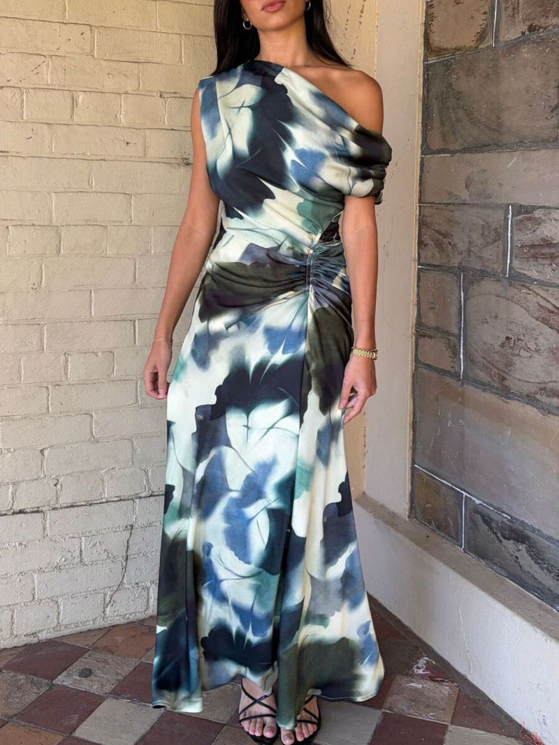 one shoulder floral print maxi dress front view