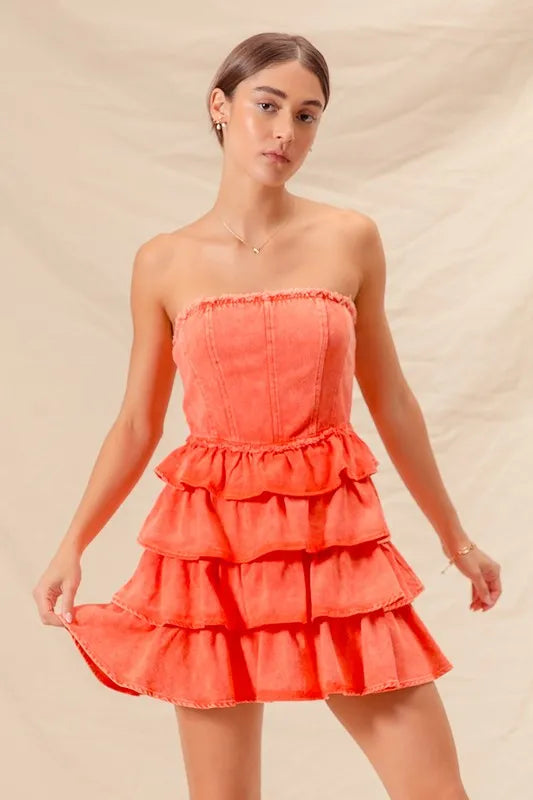 Strapless Ruffle Layered Dress in Orange on model