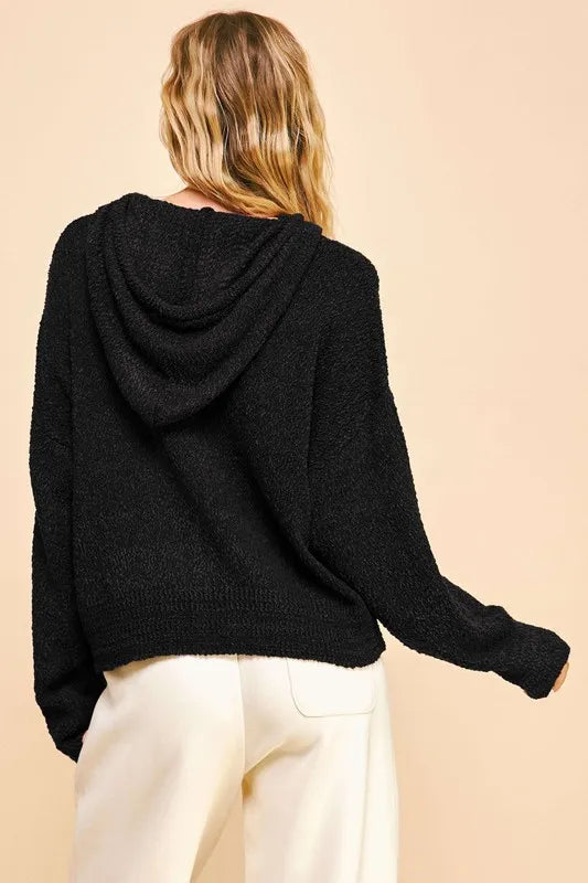 Drop Shoulder Hooded Long Sleeve Sweater in Black back view