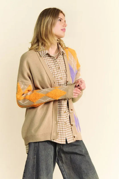 Davi & Dani Argyle V-Neck Dropped Shoulder Cardigan - Fashorio