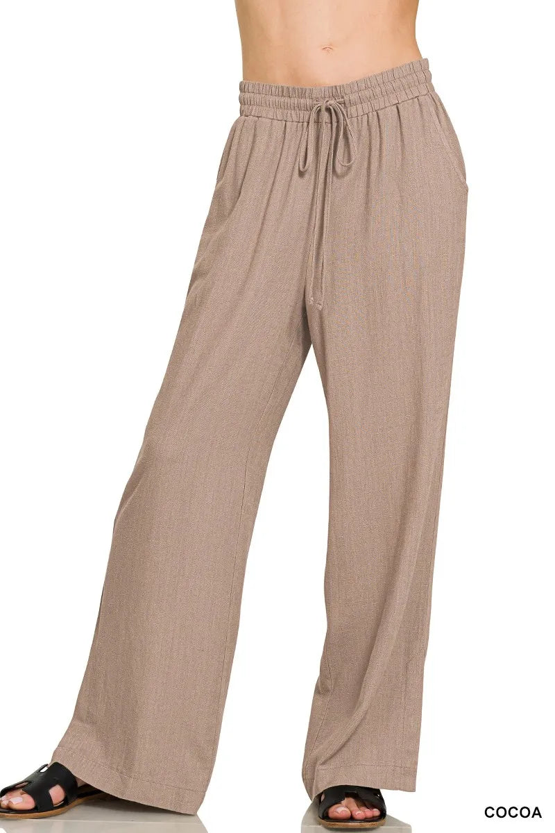 Linen blend wide leg drawstring pants front view