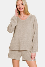 Zenana V-Neck Long Sleeve Ribbed Top and Shorts Set Khaki - Fashorio