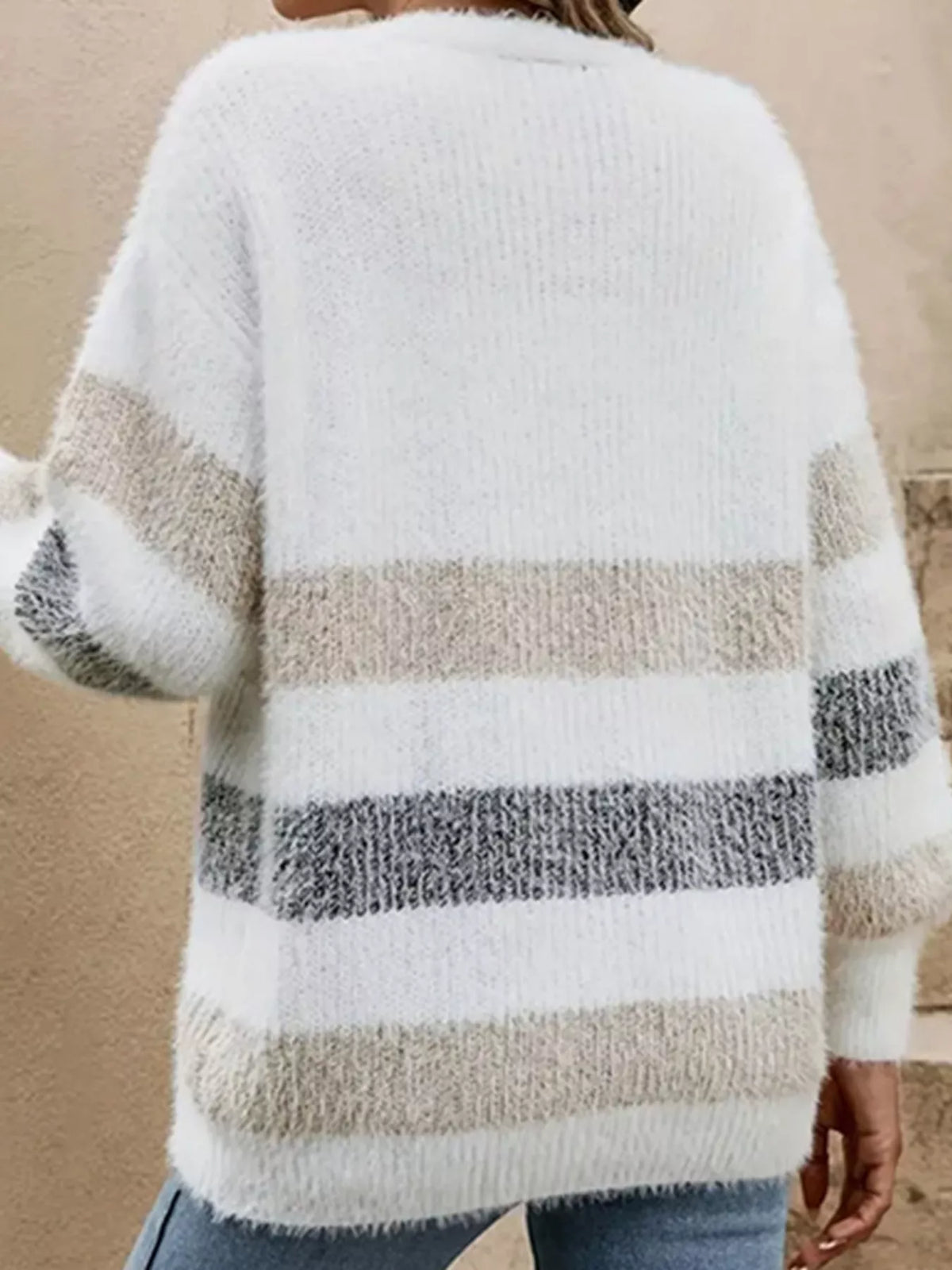 striped fuzzy knit button up cardigan styling detail
