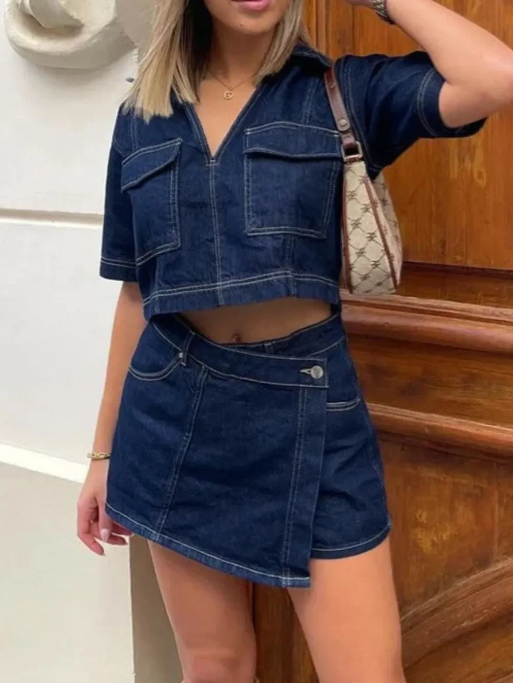 Johnny Collar Top and Skort Denim Set, view 8