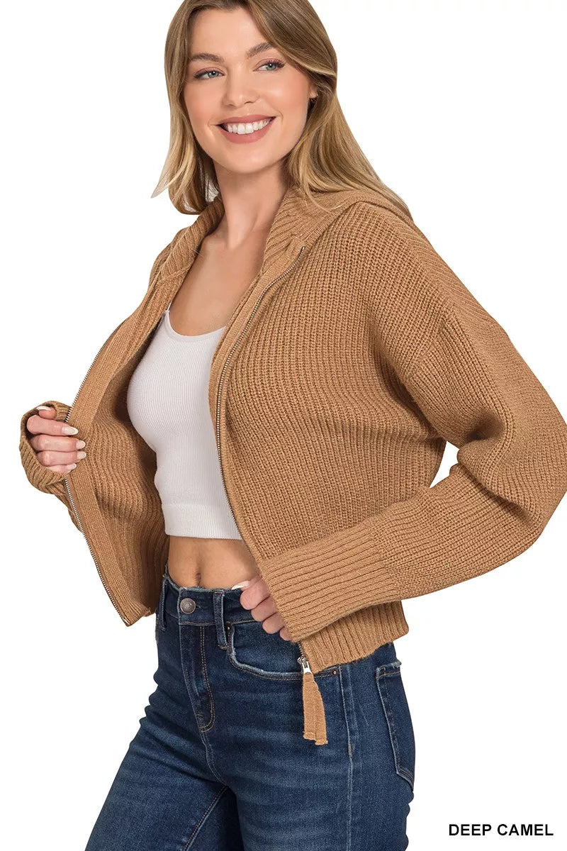 Ribbed Collared Zip Up Cardigan in Camel back view