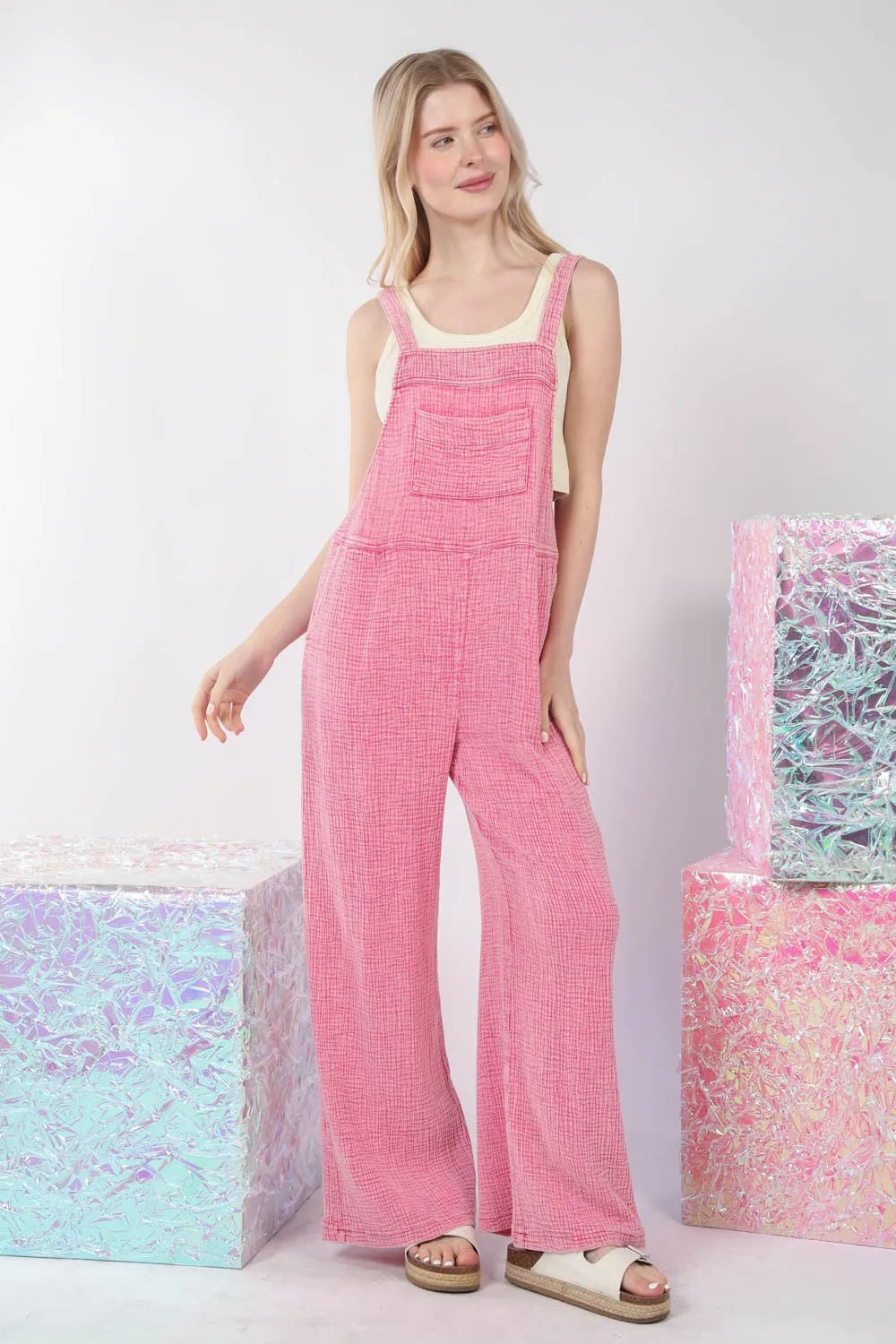 Texture Washed Wide Leg Overalls detail