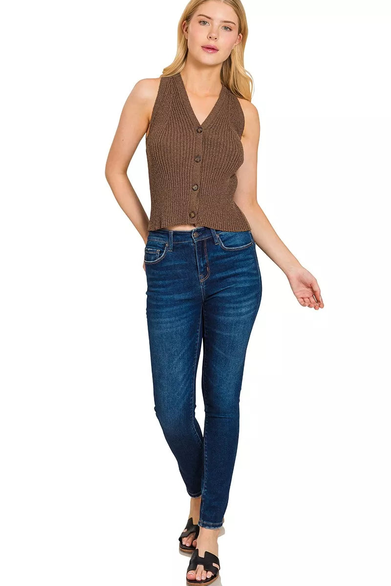 Ribbed Knit Button Down Sweater Vest in Brown side view