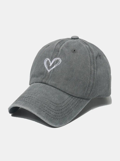 Embroidered Heart Washed Cotton Baseball Cap Gray One Size - Fashorio