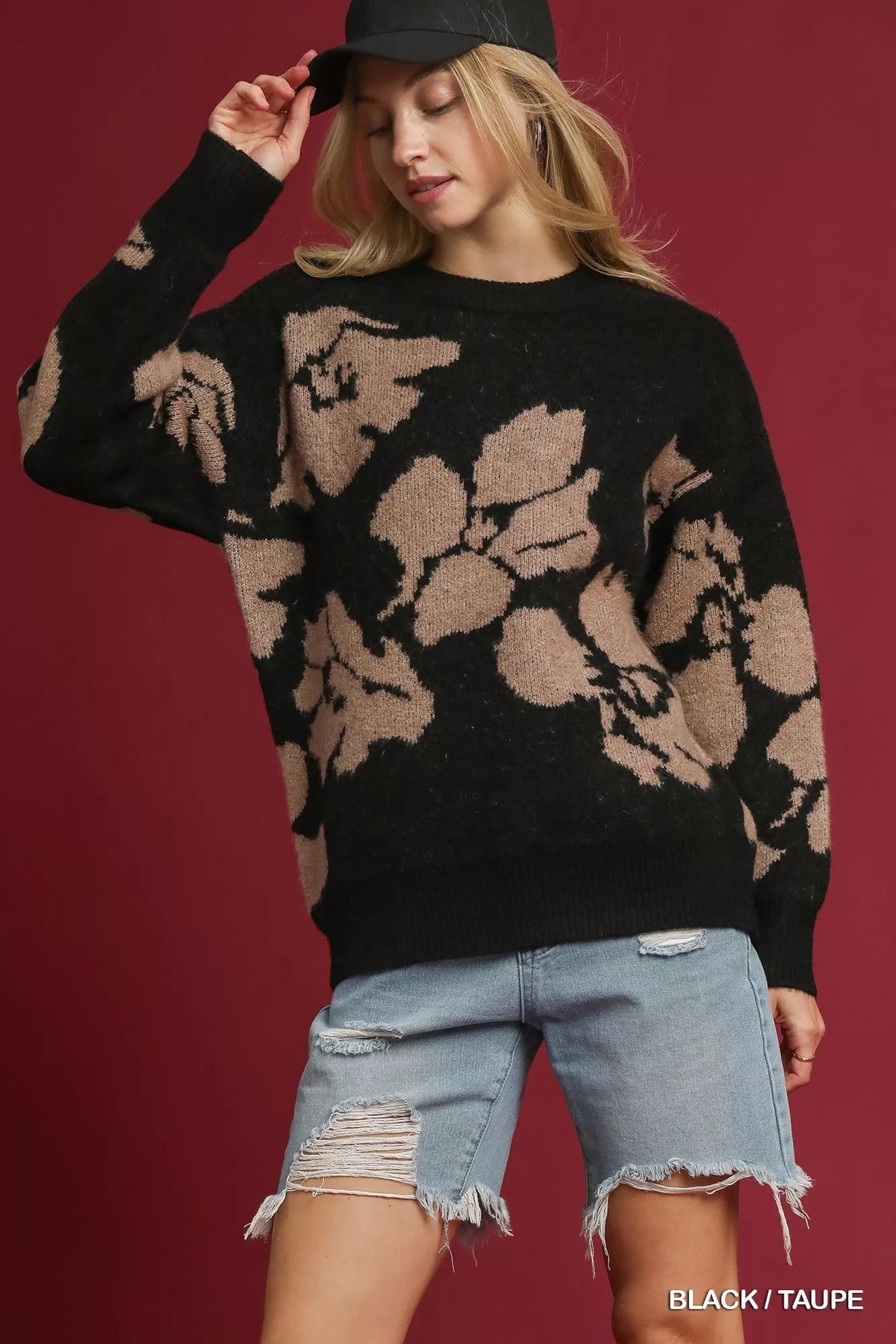 Floral Long Sleeve Sweater in Black and Taupe