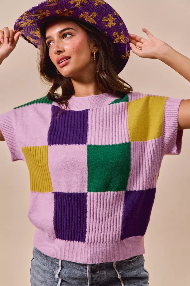 Check Plaid Casual Sweater Top in Lavender back view
