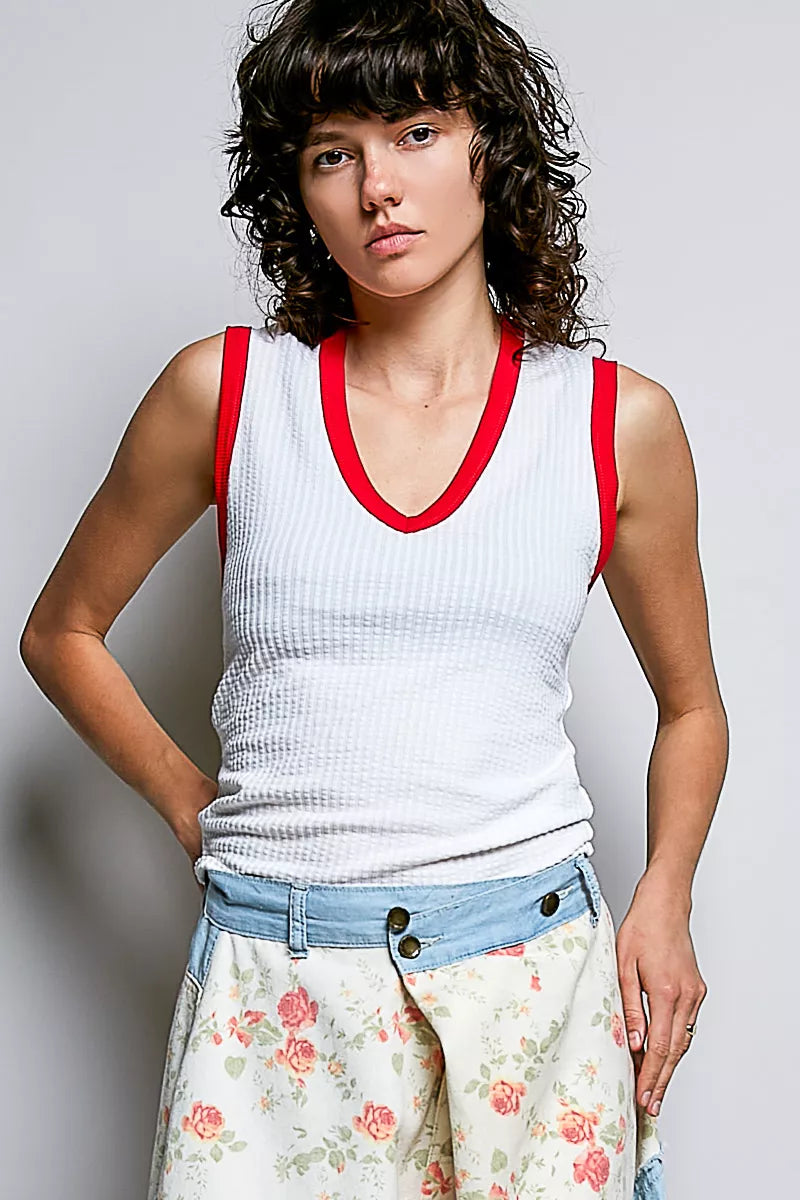 POL V Neck Ribbed Sleeveless Tank front view