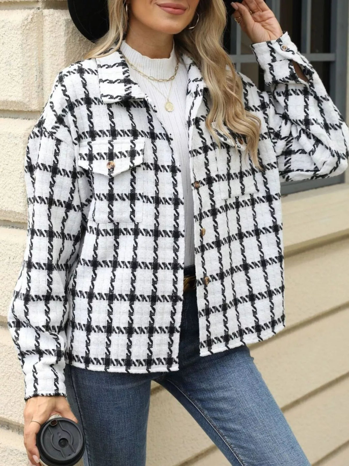 Plaid Button Up Jacket in White and Red detail