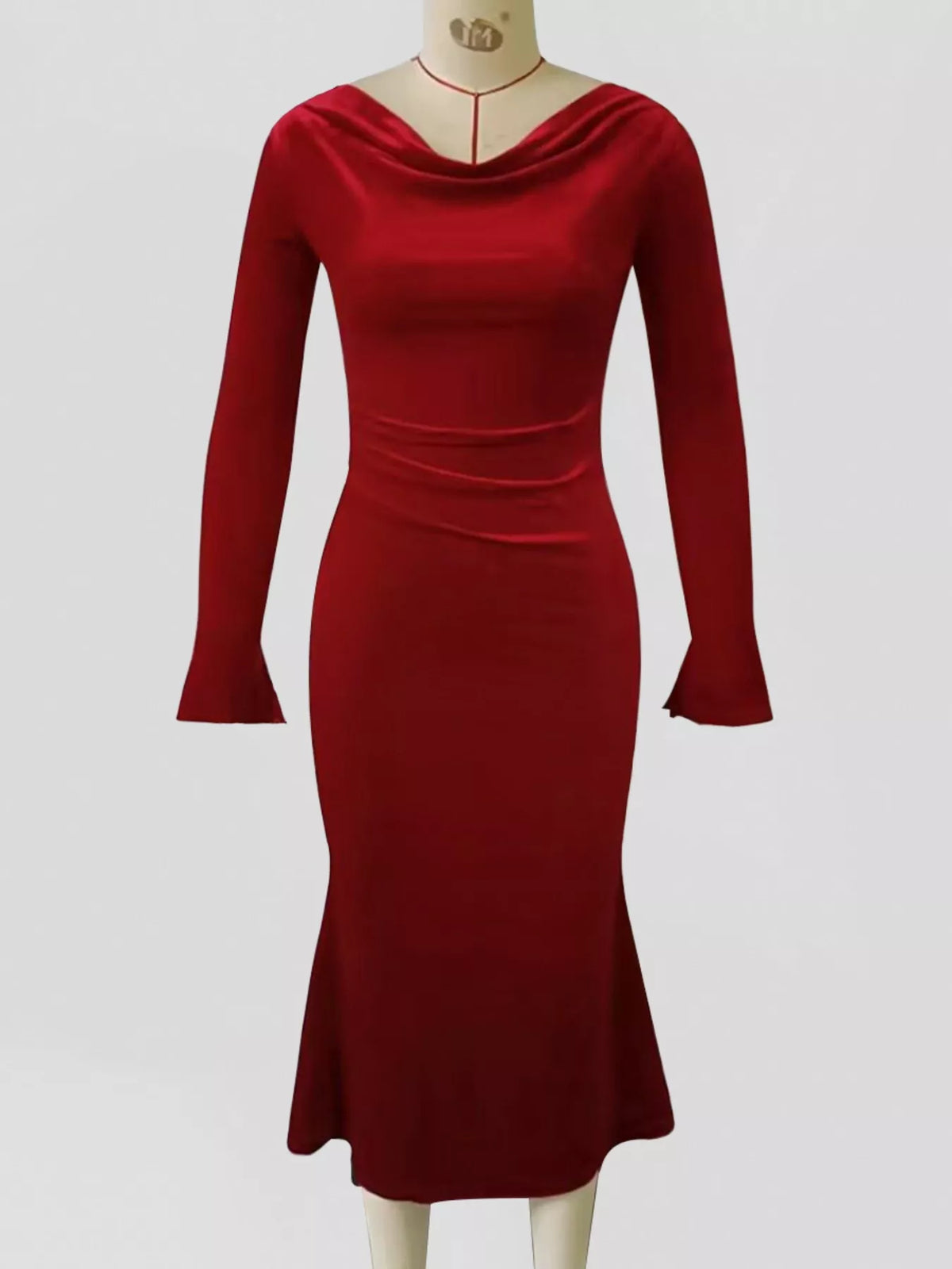 velvet cowl neck long sleeve midi dress neckline detail