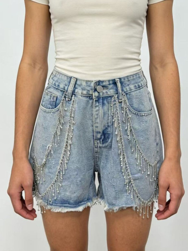 Denim shorts with rhinestone chain detail, front view